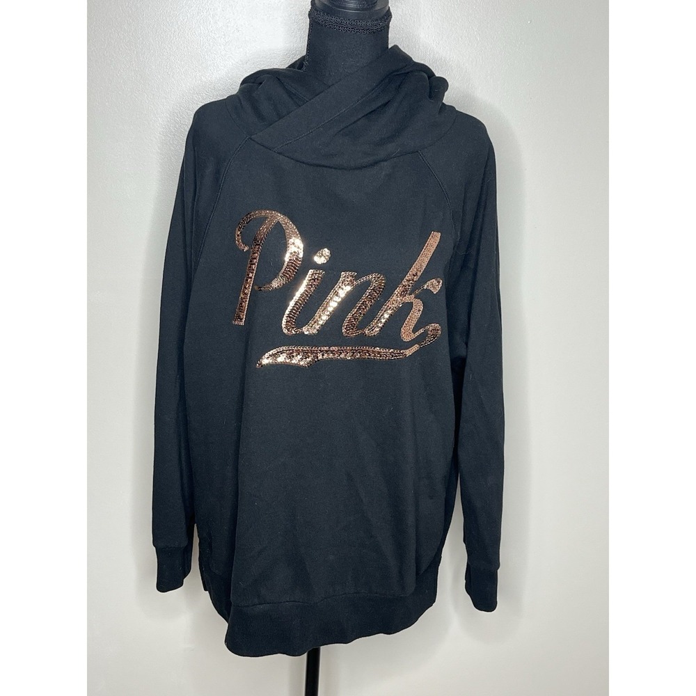 Victoria Secret Blush Bling "Pink" Black Oversized Hoodie Sweatshirt Size Medium